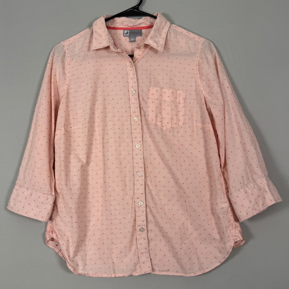 JCP Button Up Shirt Womens Petite Medium Pink White Striped NWOT Dot 3/4 Slv